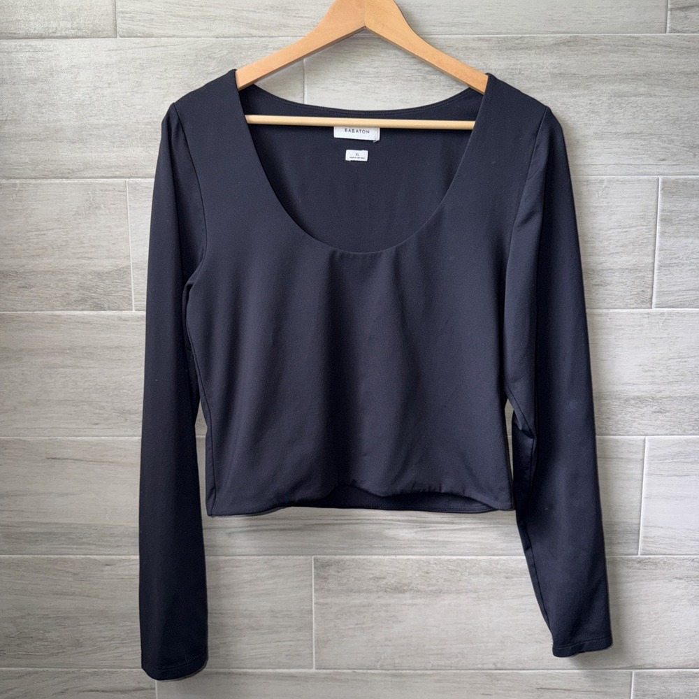 Aritzia Babaton Women's Scoop Neck Cropped Top Size XL Black Long Sleeve